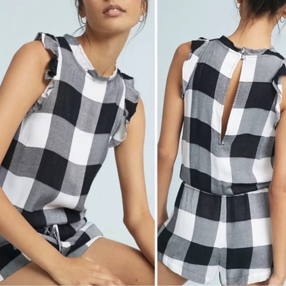 Anthropologie Cloth & Stone Buffalo Check Shorts Romper Black & White Size M